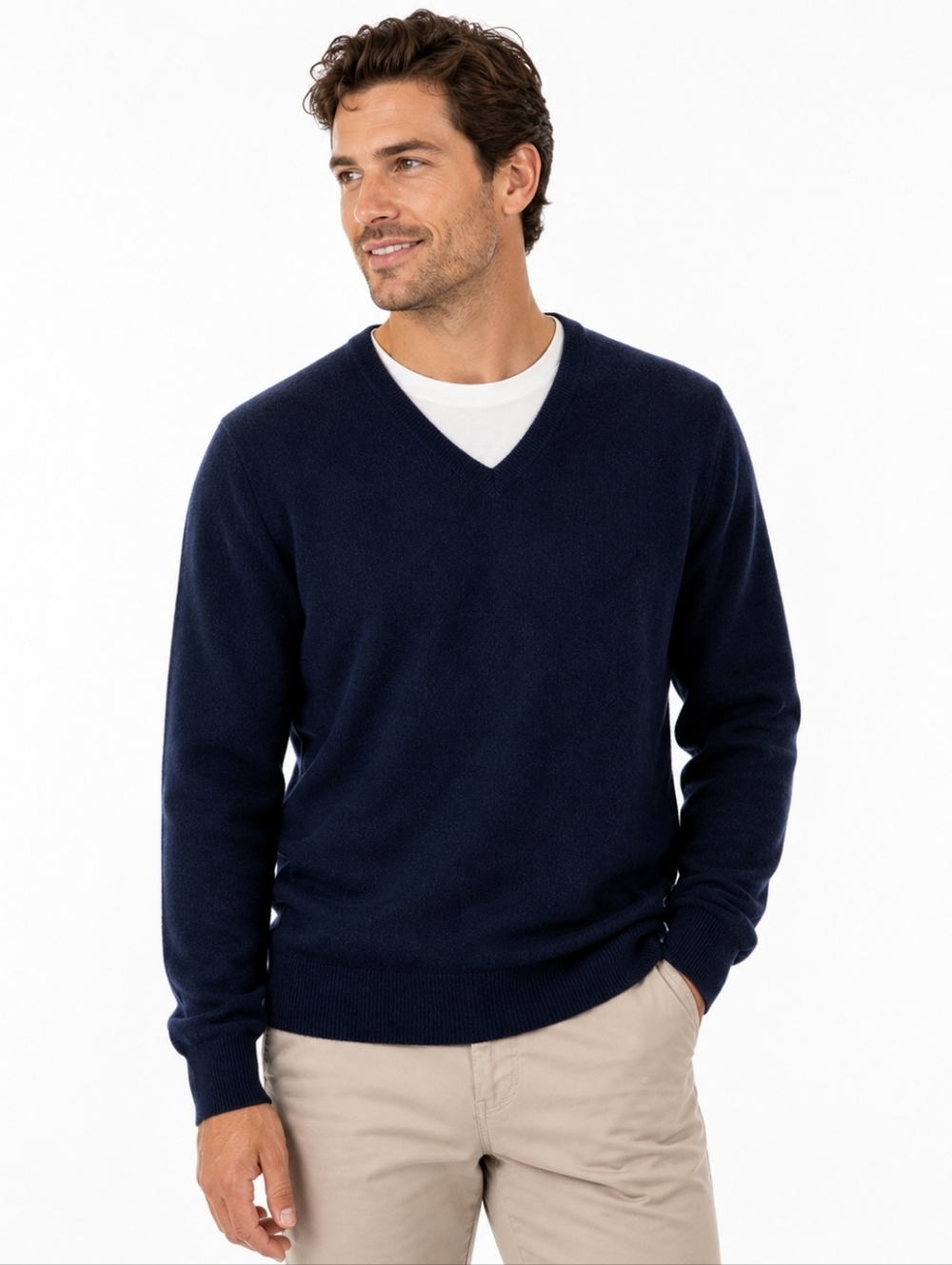 Men’s 100% Cashmere V-Neck Sweater Navy Soft Classic Minimalist Large